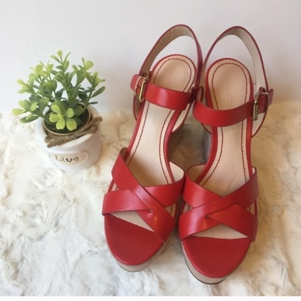 POUR la Victoire red leather strapy suede velvet wedges sandals New
